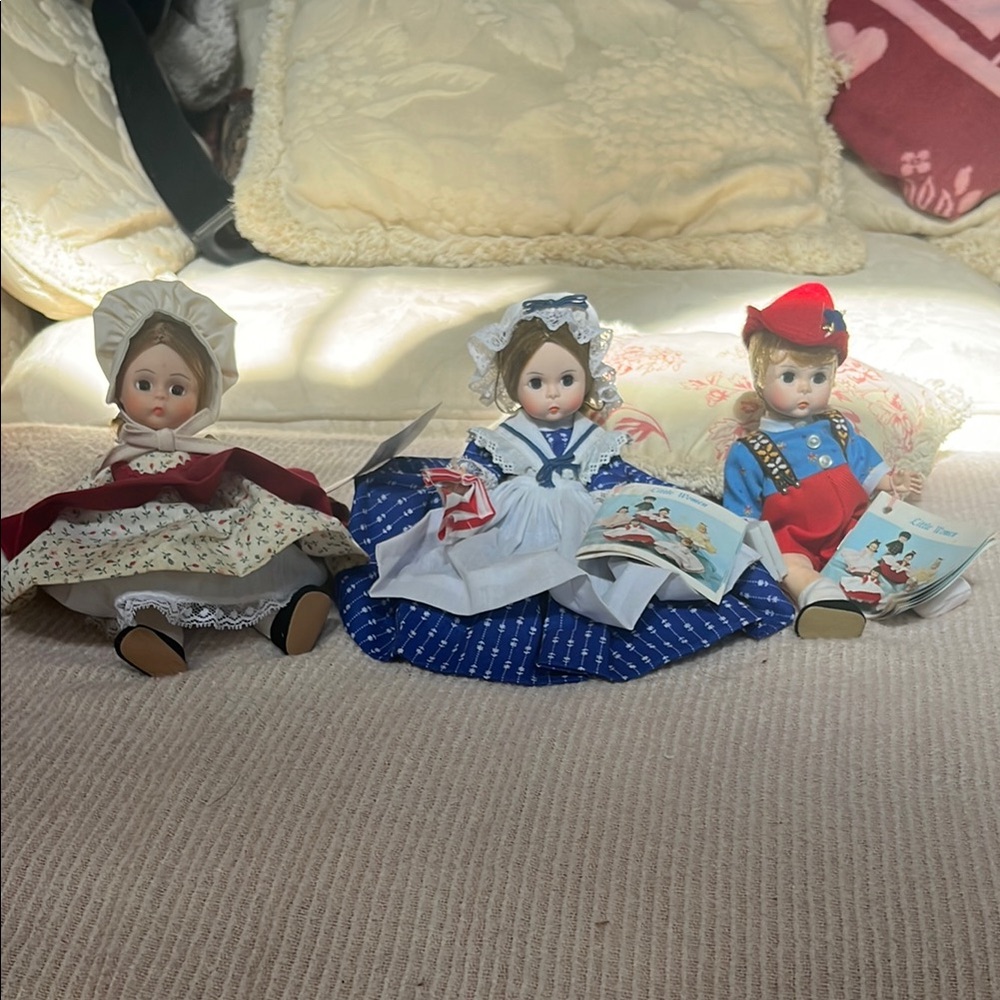 Madame Alexander Doll Trio with Red, Blue, and Cream Attire little woman collect